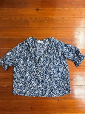 Paneros Chloe Floral Cotton Blouse Blue White Puff Sleeve Button Up Sz M 💛🍄